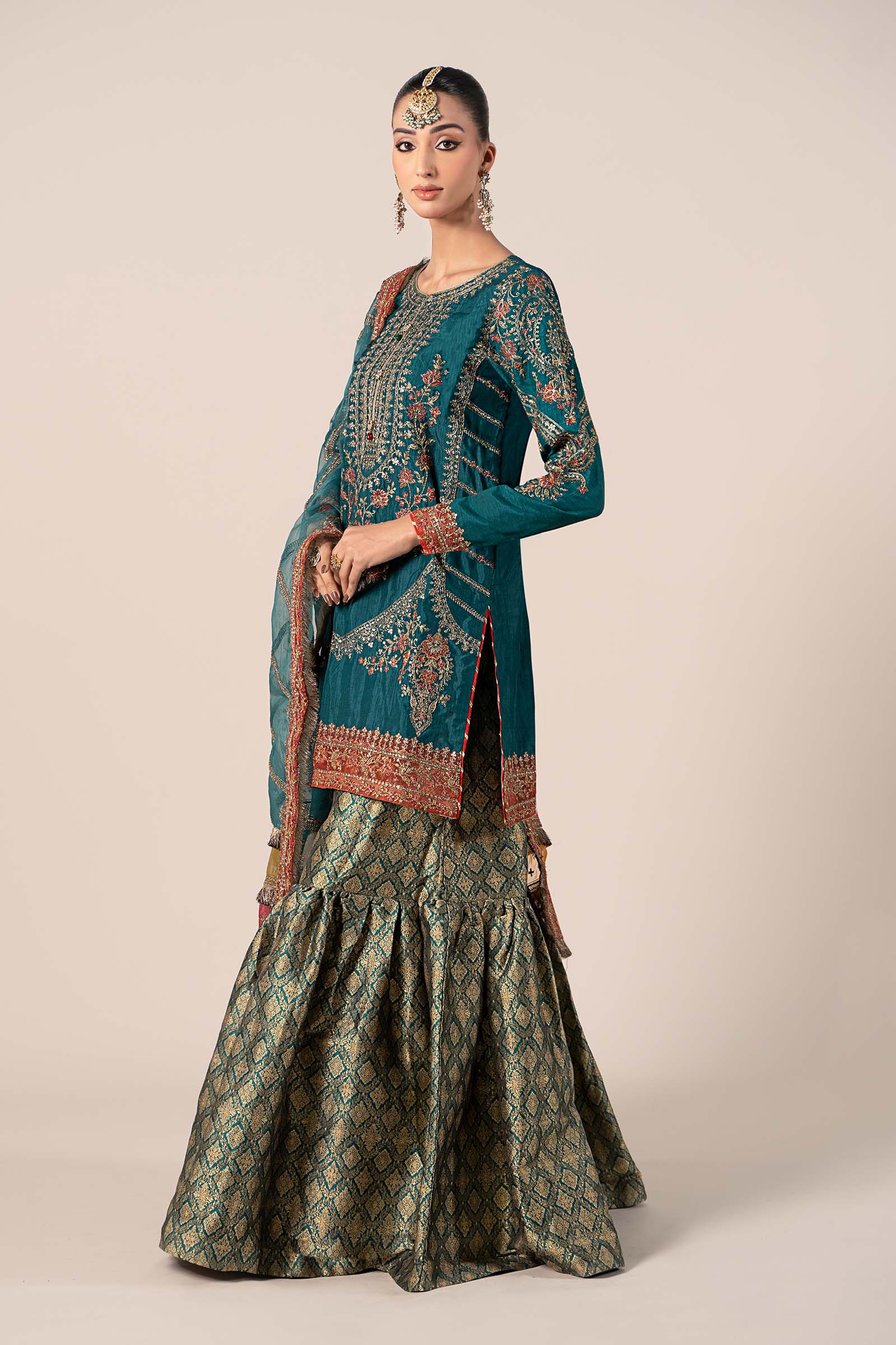 Green Embroidered Raw Silk Shirt with Jamawar Gharara (3-Piece) - Image 4