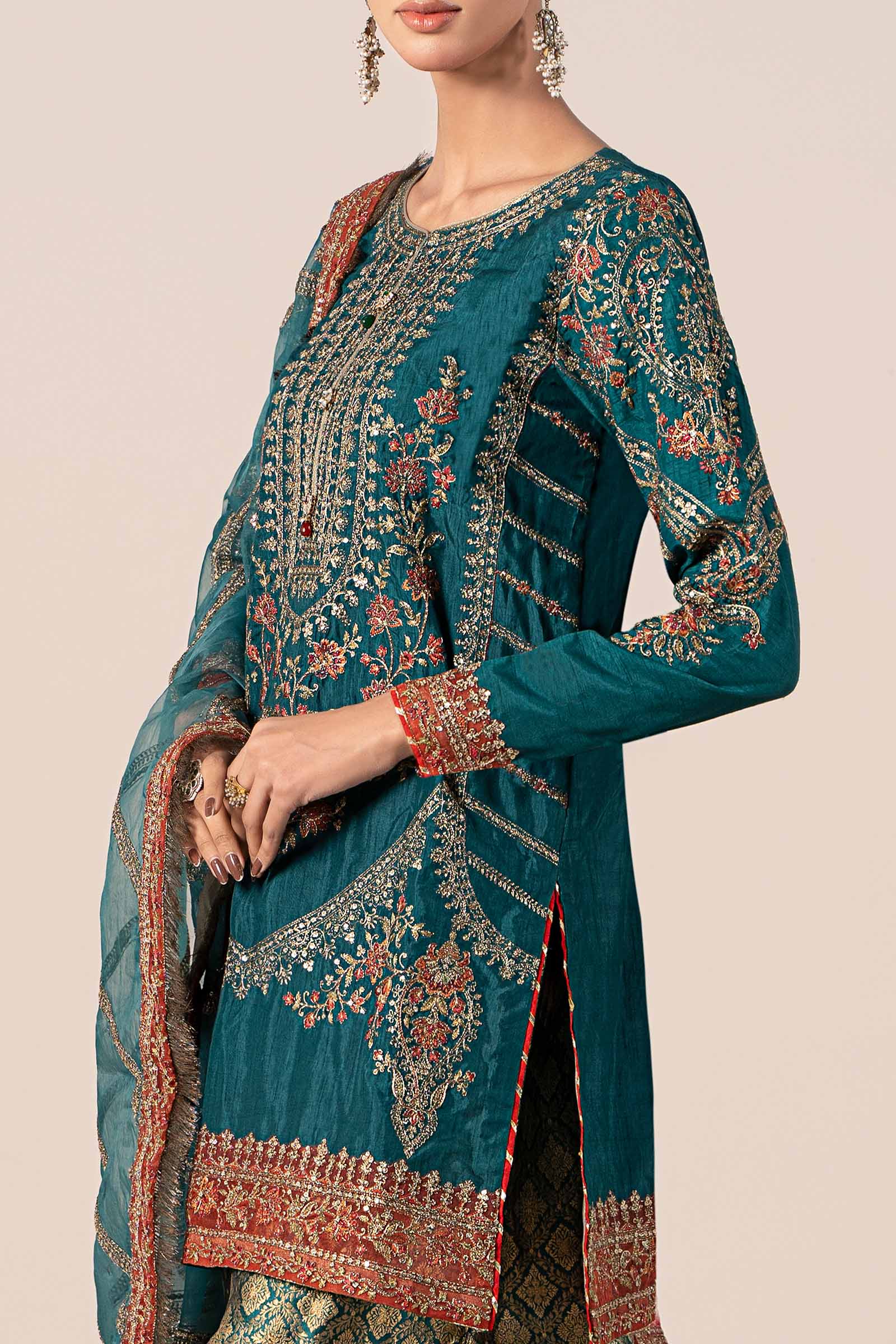 Green Embroidered Raw Silk Shirt with Jamawar Gharara (3-Piece) - Image 6