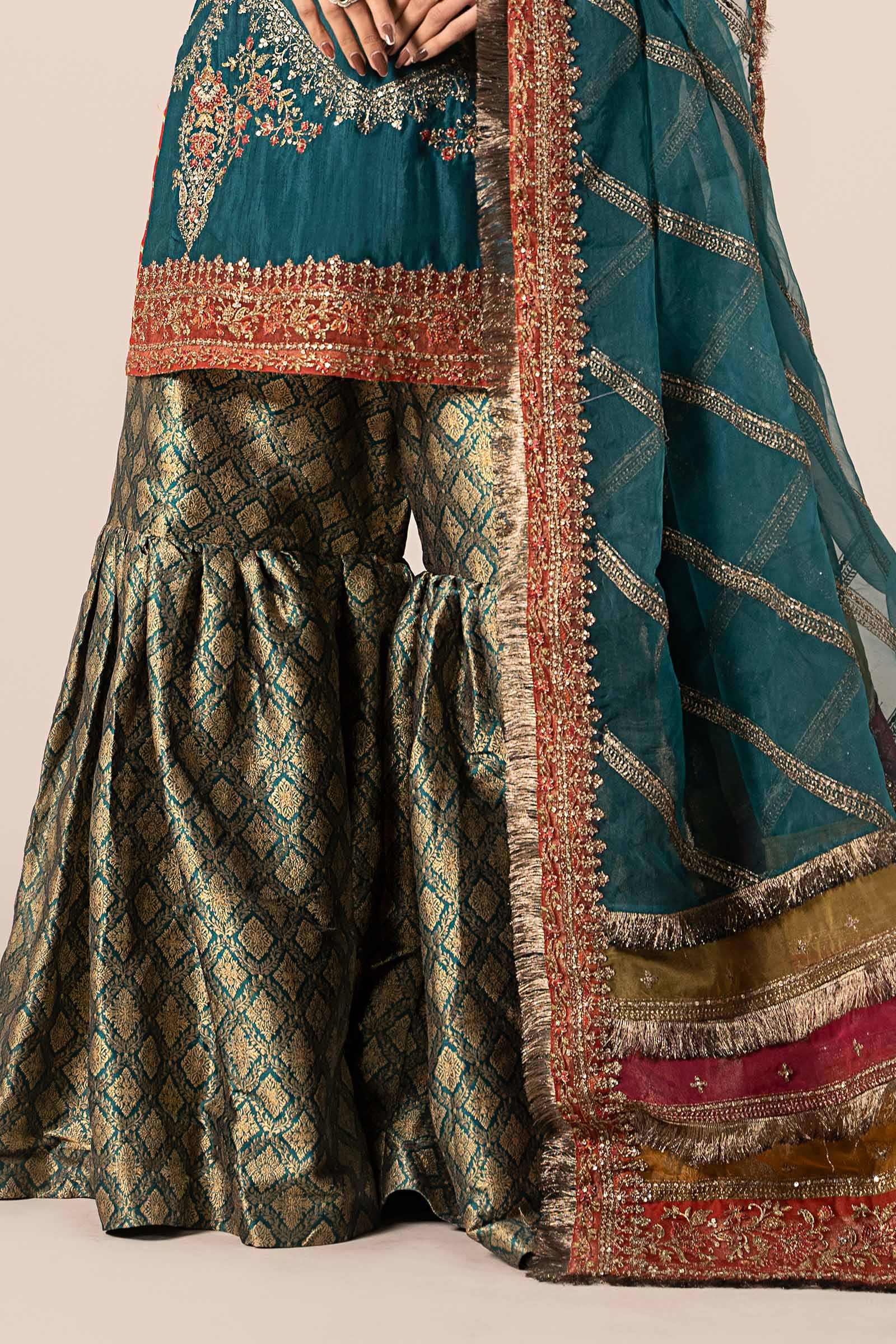 Green Embroidered Raw Silk Shirt with Jamawar Gharara (3-Piece) - Image 7