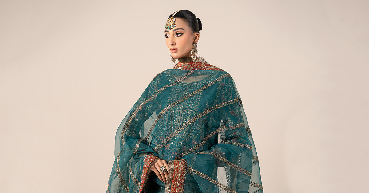 Green Embroidered Raw Silk Shirt with Jamawar Gharara (3-Piece) - Image 9