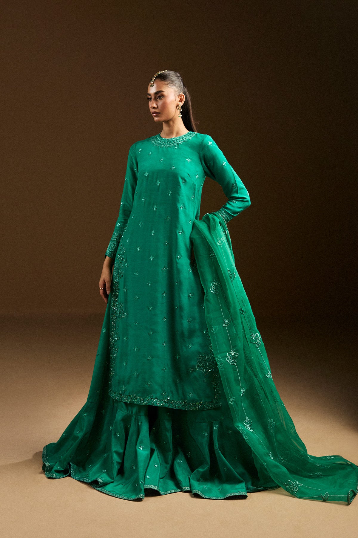 Emerald Green Embroidered Silk Gharara (3-Piece) - Image 1