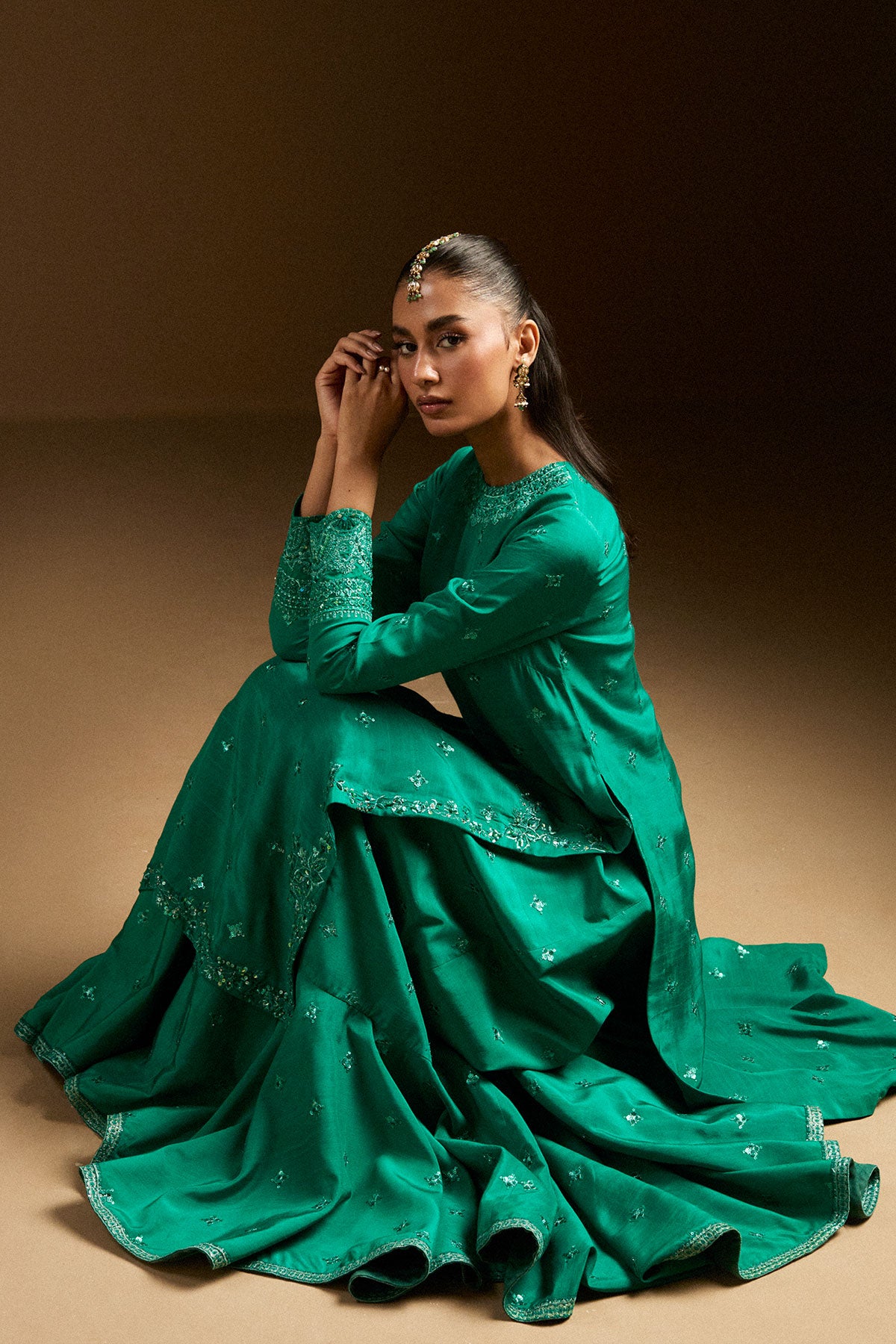 Emerald Green Embroidered Silk Gharara (3-Piece) - Image 2