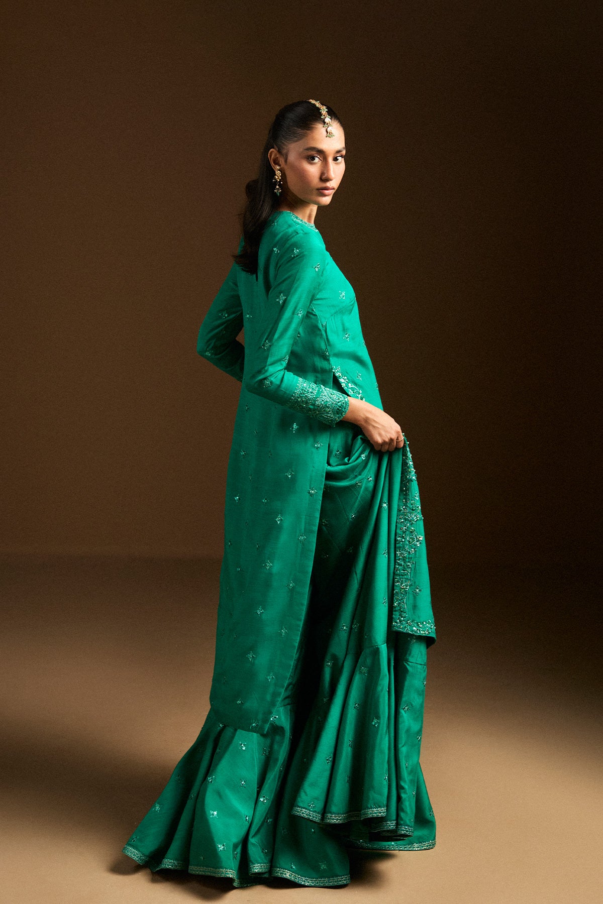 Emerald Green Embroidered Silk Gharara (3-Piece) - Image 3