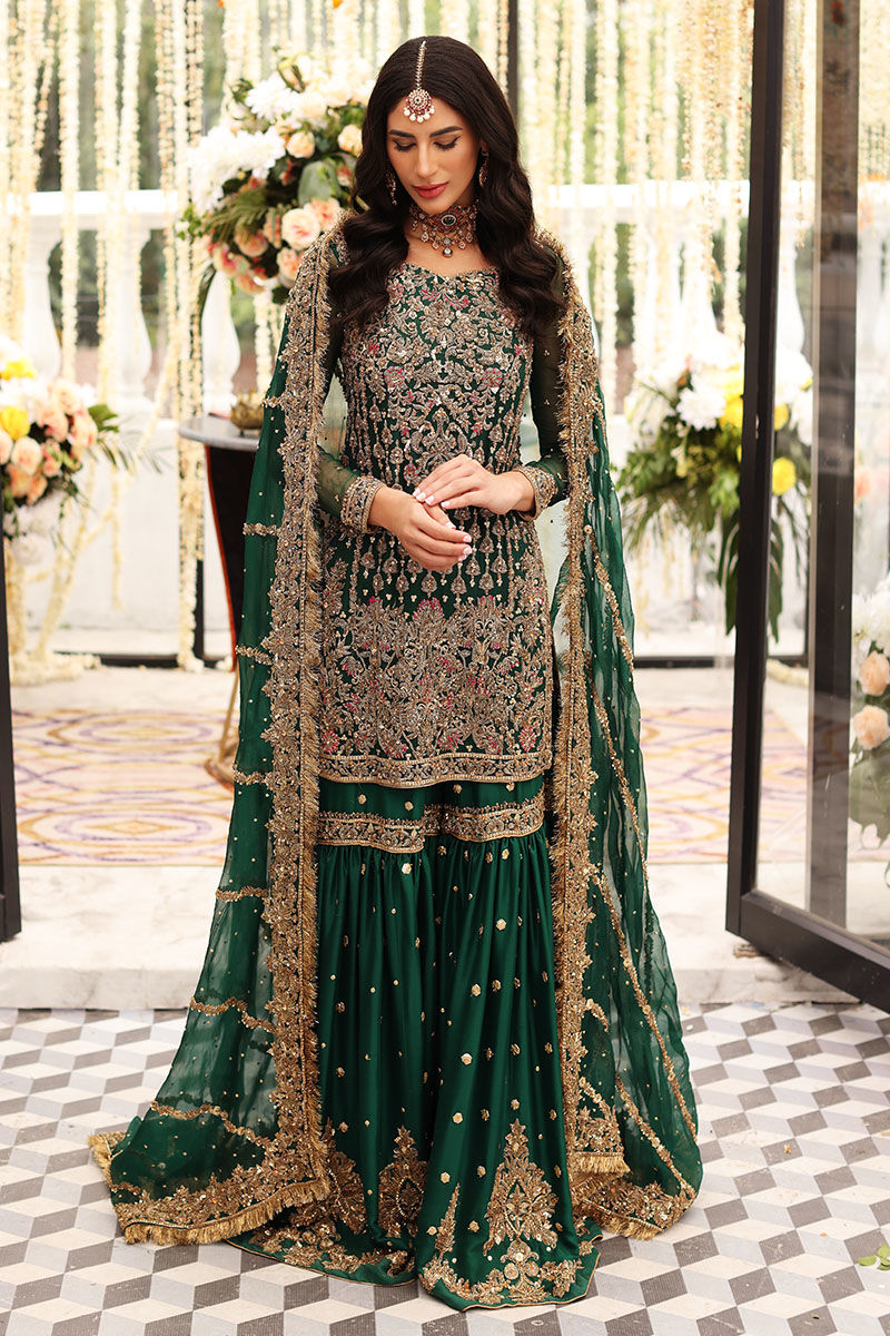 Bottle Green Zardozi Chiffon & Raw Silk Gharara (3-Piece) - Image 1