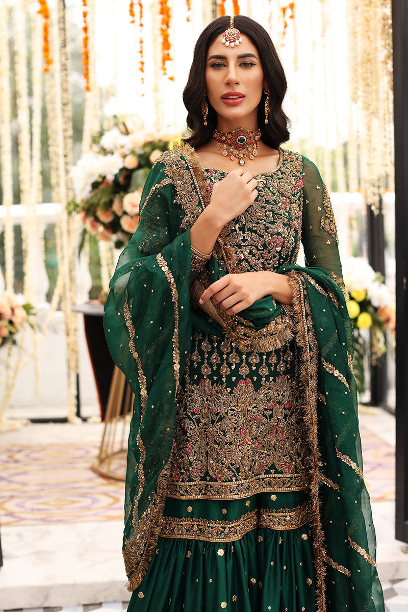 Bottle Green Zardozi Chiffon & Raw Silk Gharara (3-Piece) - Image 11