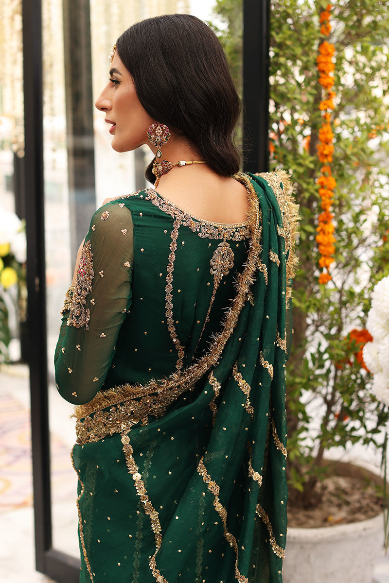Bottle Green Zardozi Chiffon & Raw Silk Gharara (3-Piece) - Image 12