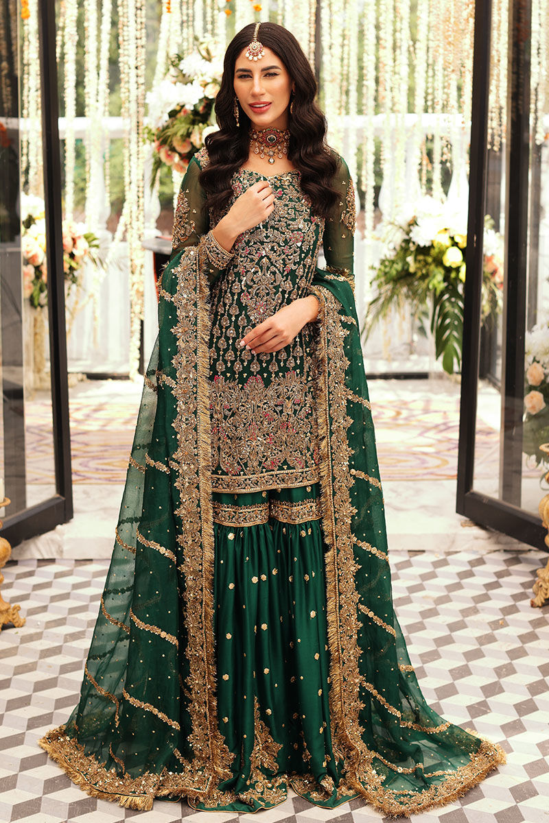 Bottle Green Zardozi Chiffon & Raw Silk Gharara (3-Piece) - Image 2