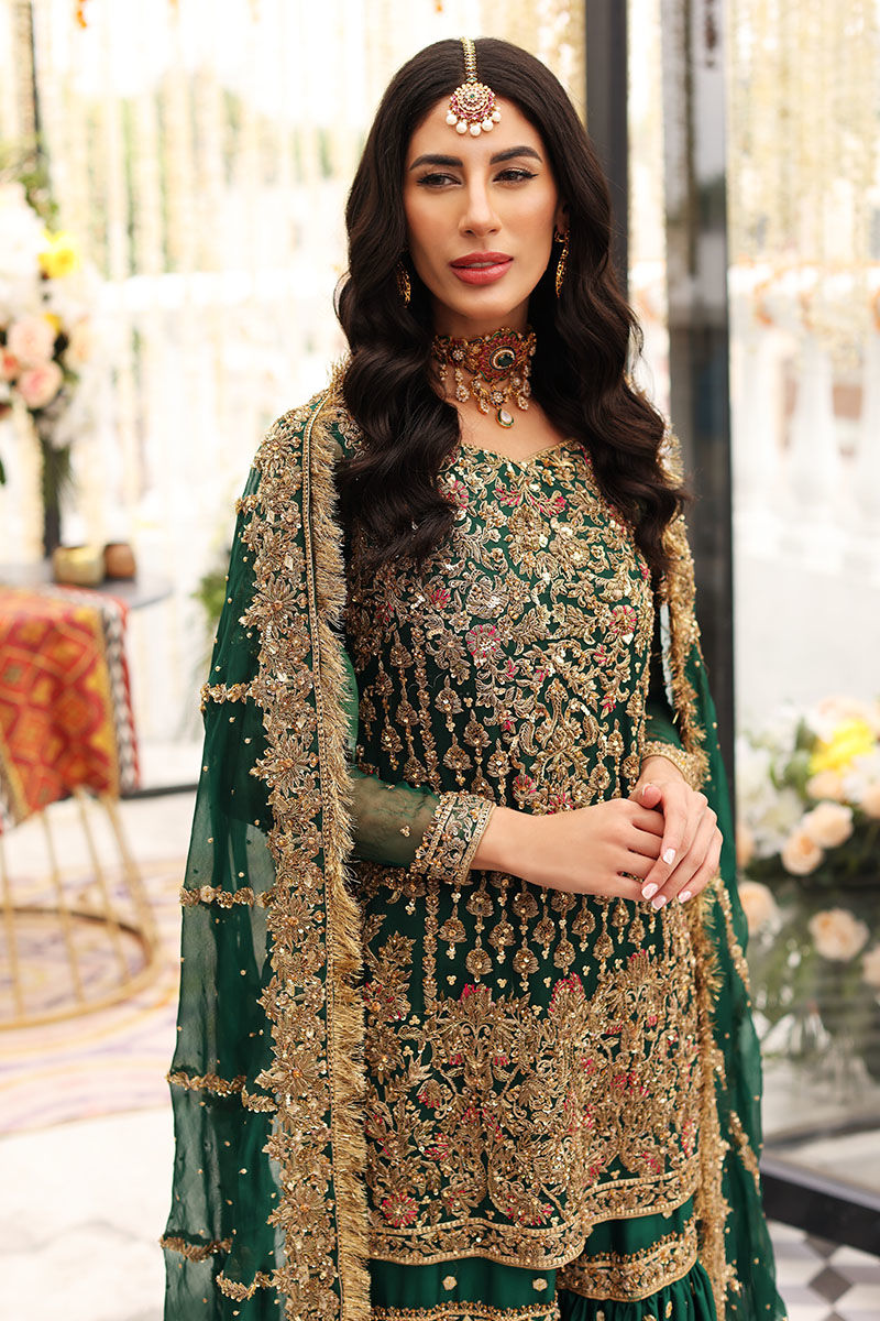 Bottle Green Zardozi Chiffon & Raw Silk Gharara (3-Piece) - Image 3