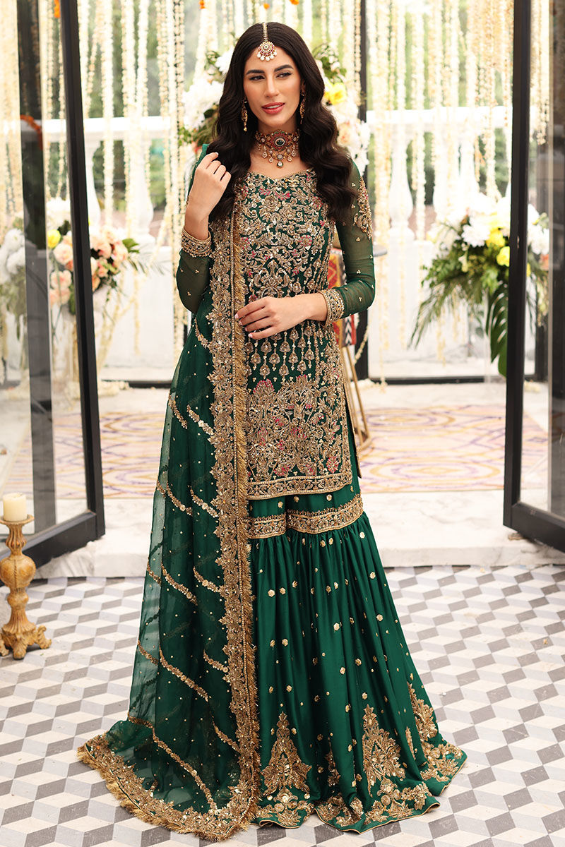 Bottle Green Zardozi Chiffon & Raw Silk Gharara (3-Piece) - Image 5