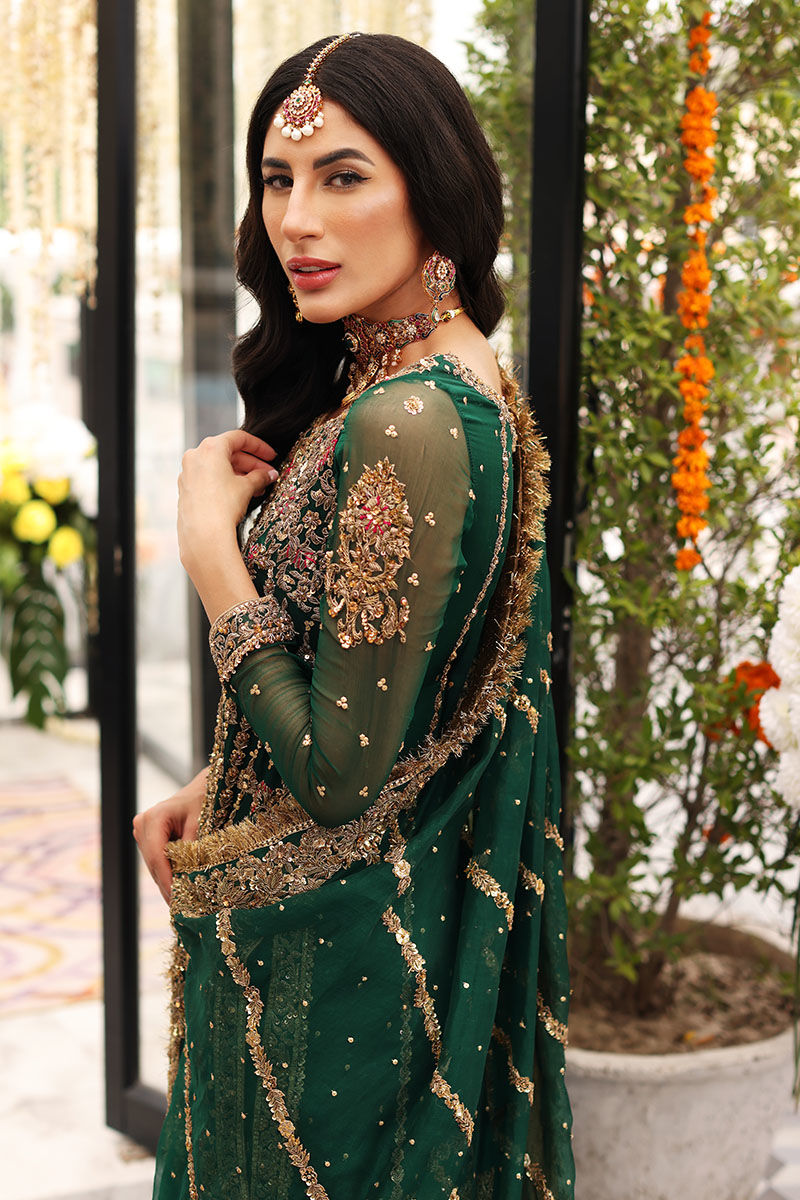 Bottle Green Zardozi Chiffon & Raw Silk Gharara (3-Piece) - Image 6