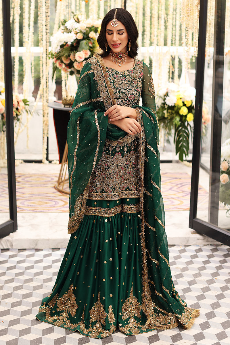 Bottle Green Zardozi Chiffon & Raw Silk Gharara (3-Piece) - Image 7