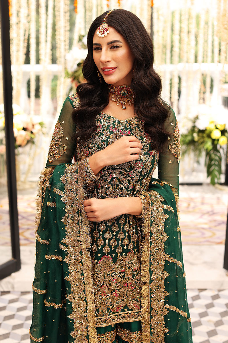 Bottle Green Zardozi Chiffon & Raw Silk Gharara (3-Piece) - Image 8