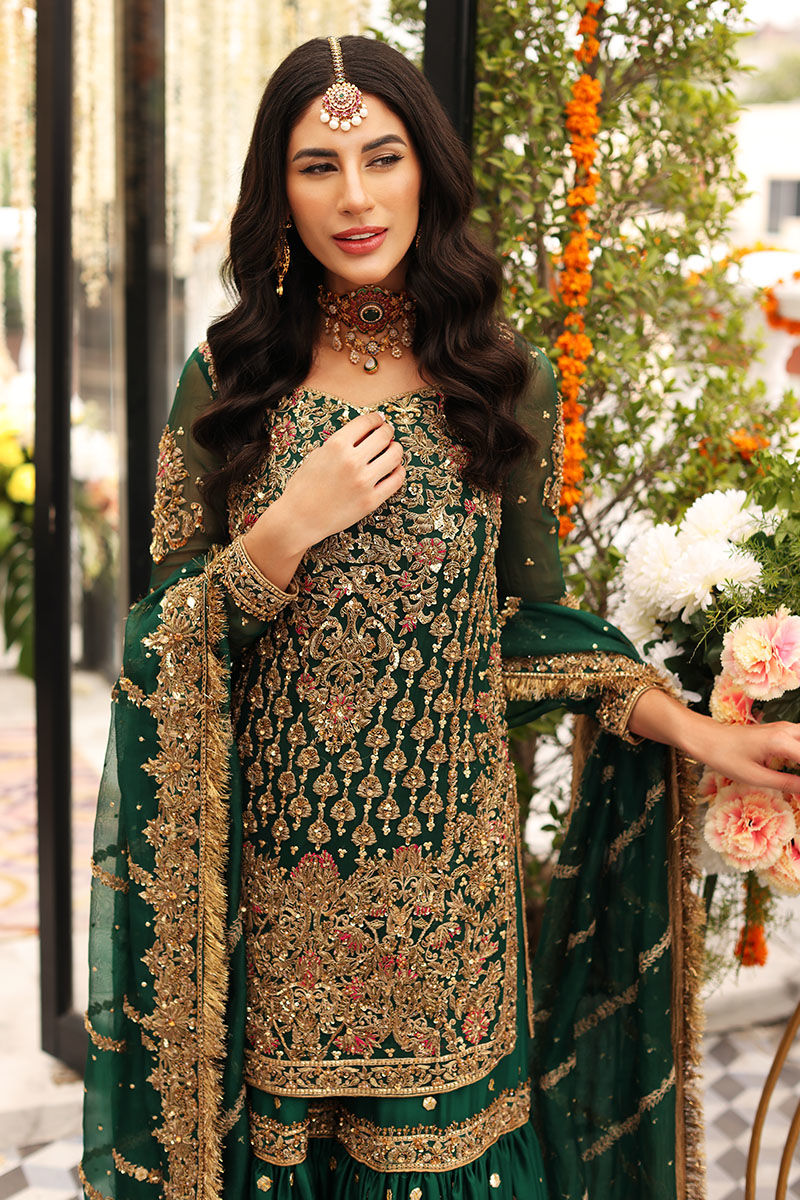 Bottle Green Zardozi Chiffon & Raw Silk Gharara (3-Piece) - Image 9