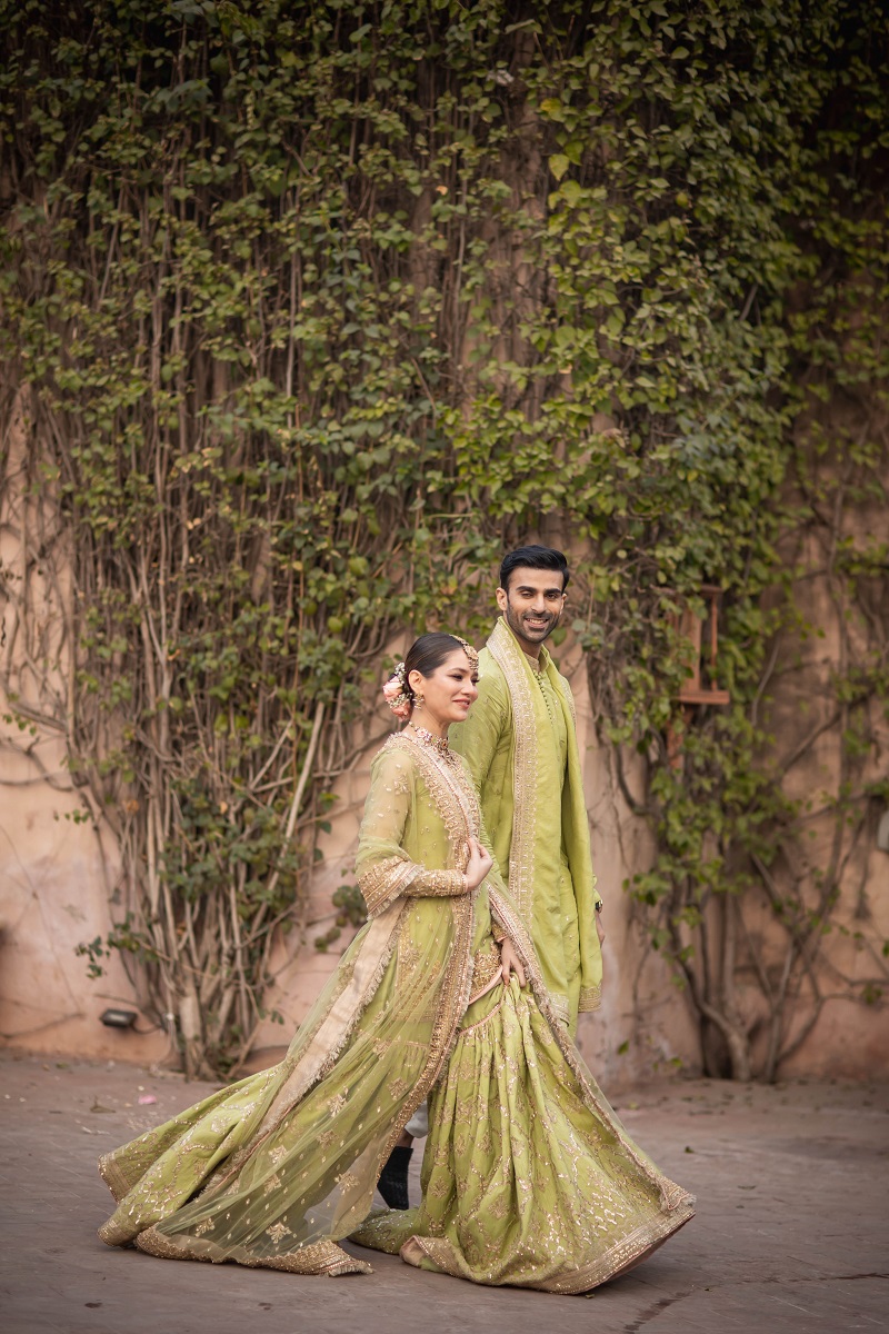 Pakistani Pistachio Green Embroidered Net & Raw Silk Farshi Gharara (3-Piece) - Image 2