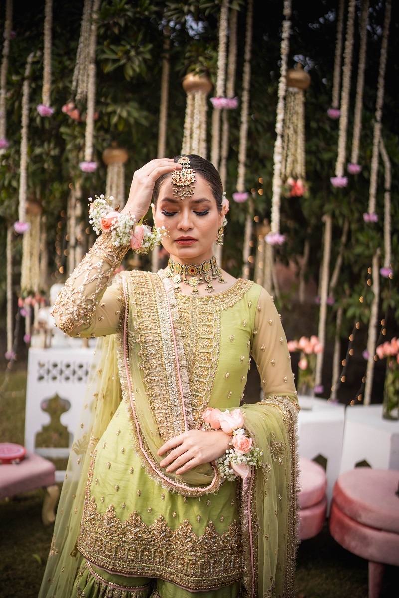 Pakistani Pistachio Green Embroidered Net & Raw Silk Farshi Gharara (3-Piece) - Image 3