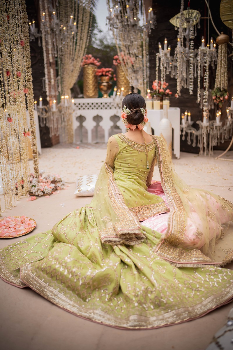 Pakistani Pistachio Green Embroidered Net & Raw Silk Farshi Gharara (3-Piece) - Image 4