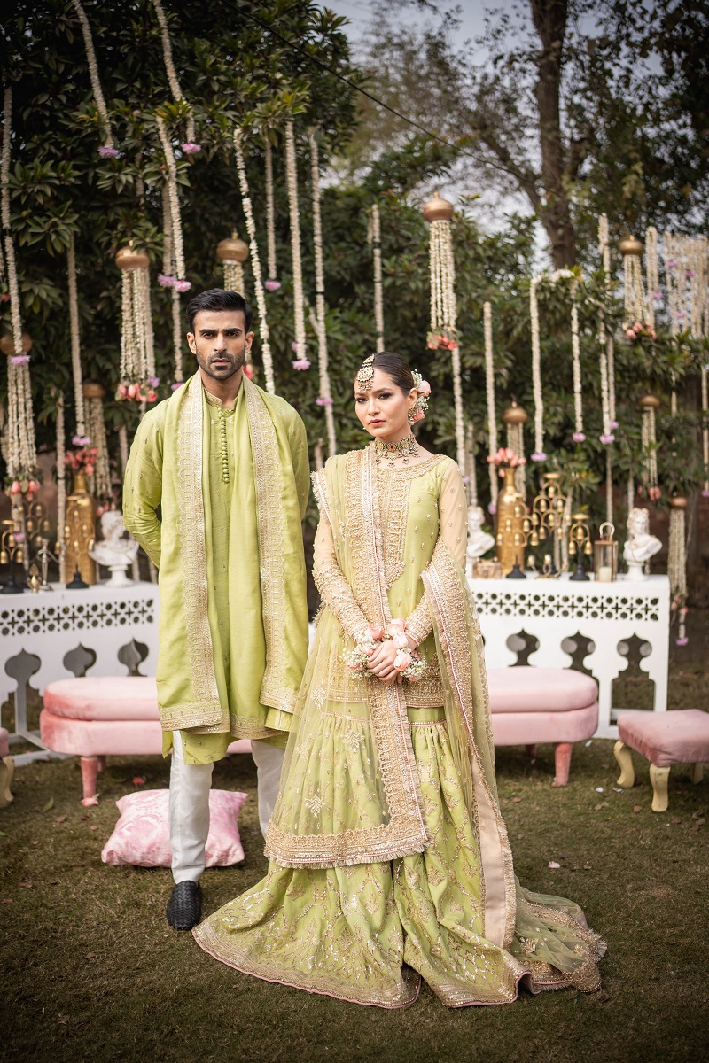 Pakistani Pistachio Green Embroidered Net & Raw Silk Farshi Gharara (3-Piece) - Image 5