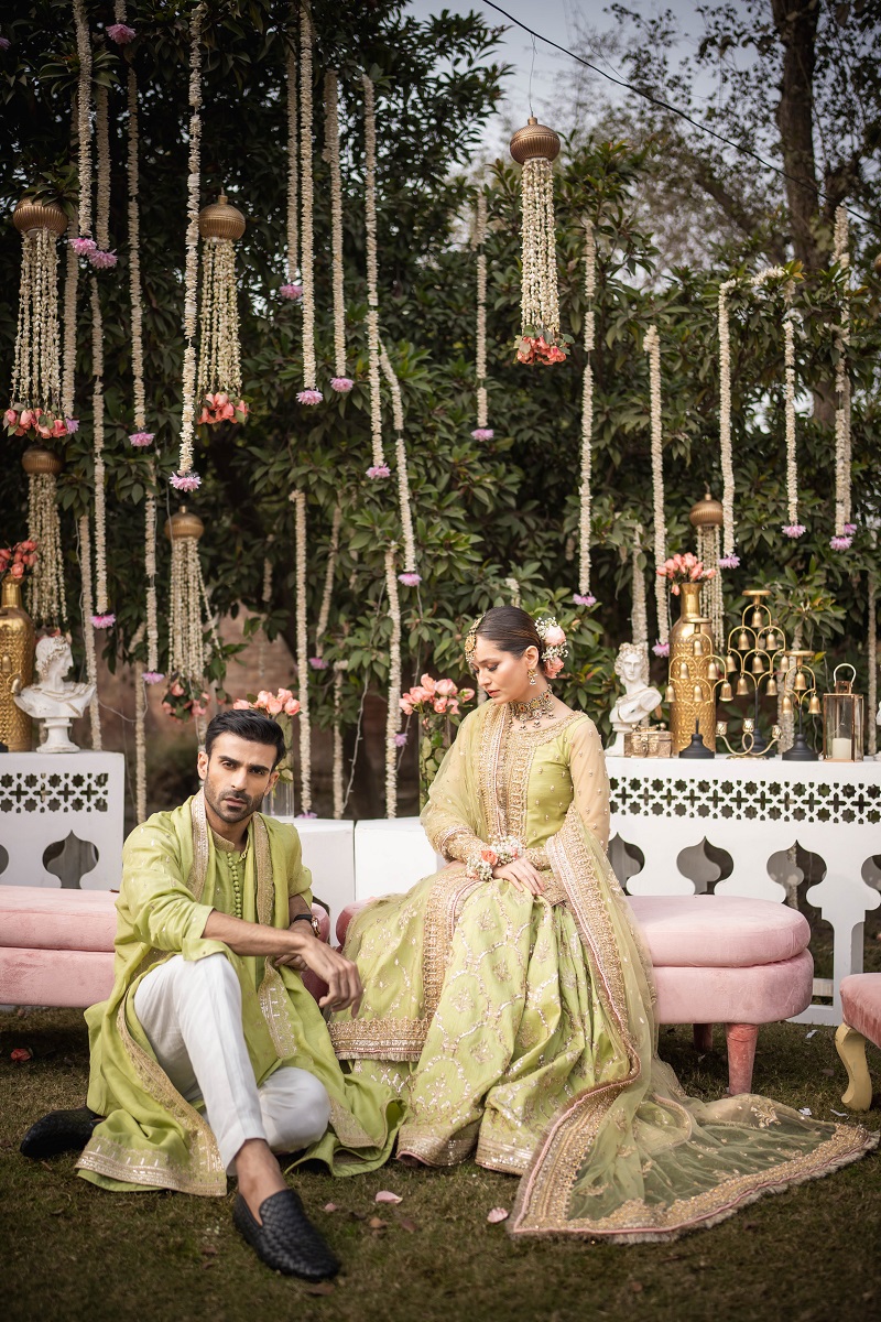 Pakistani Pistachio Green Embroidered Net & Raw Silk Farshi Gharara (3-Piece) - Image 6