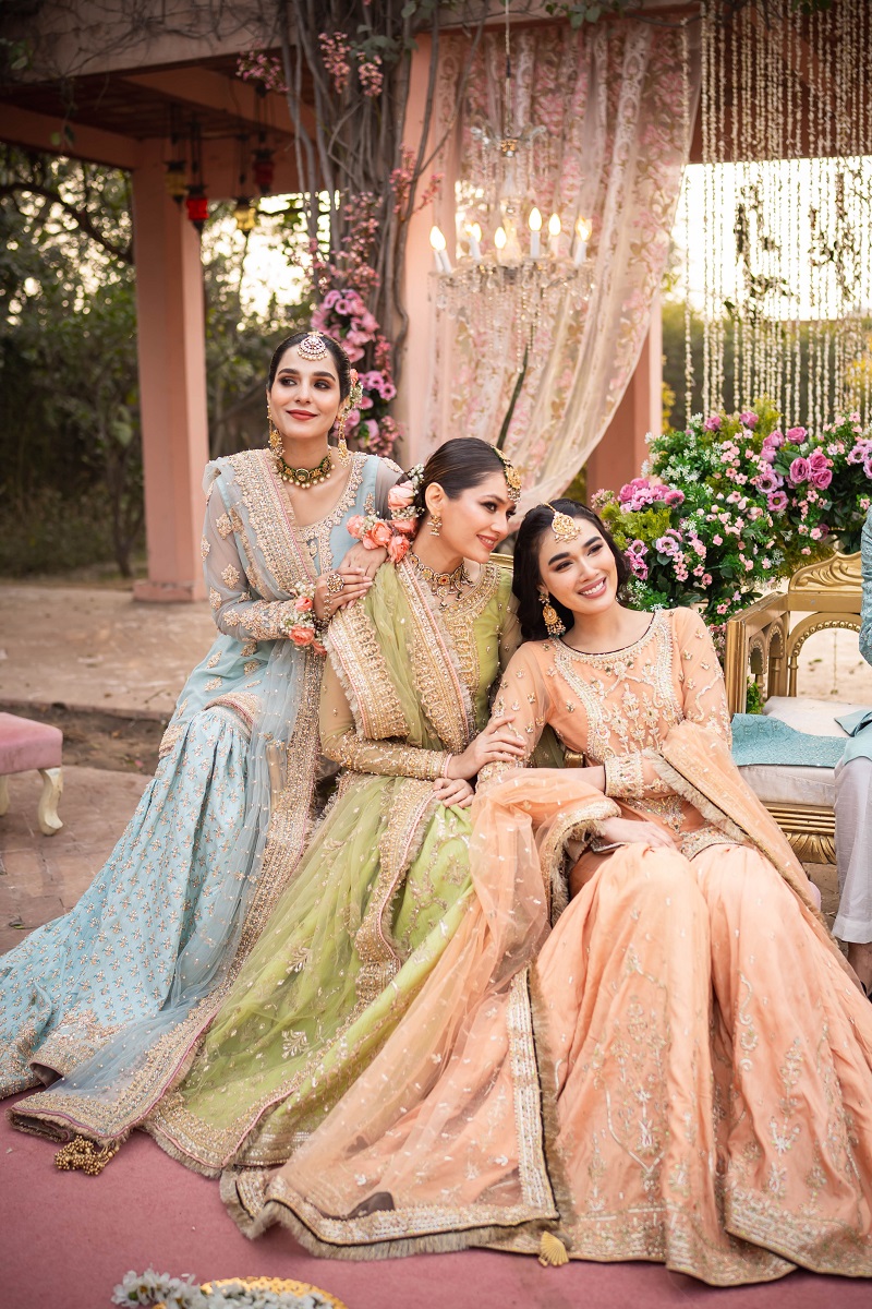 Pakistani Pistachio Green Embroidered Net & Raw Silk Farshi Gharara (3-Piece) - Image 8