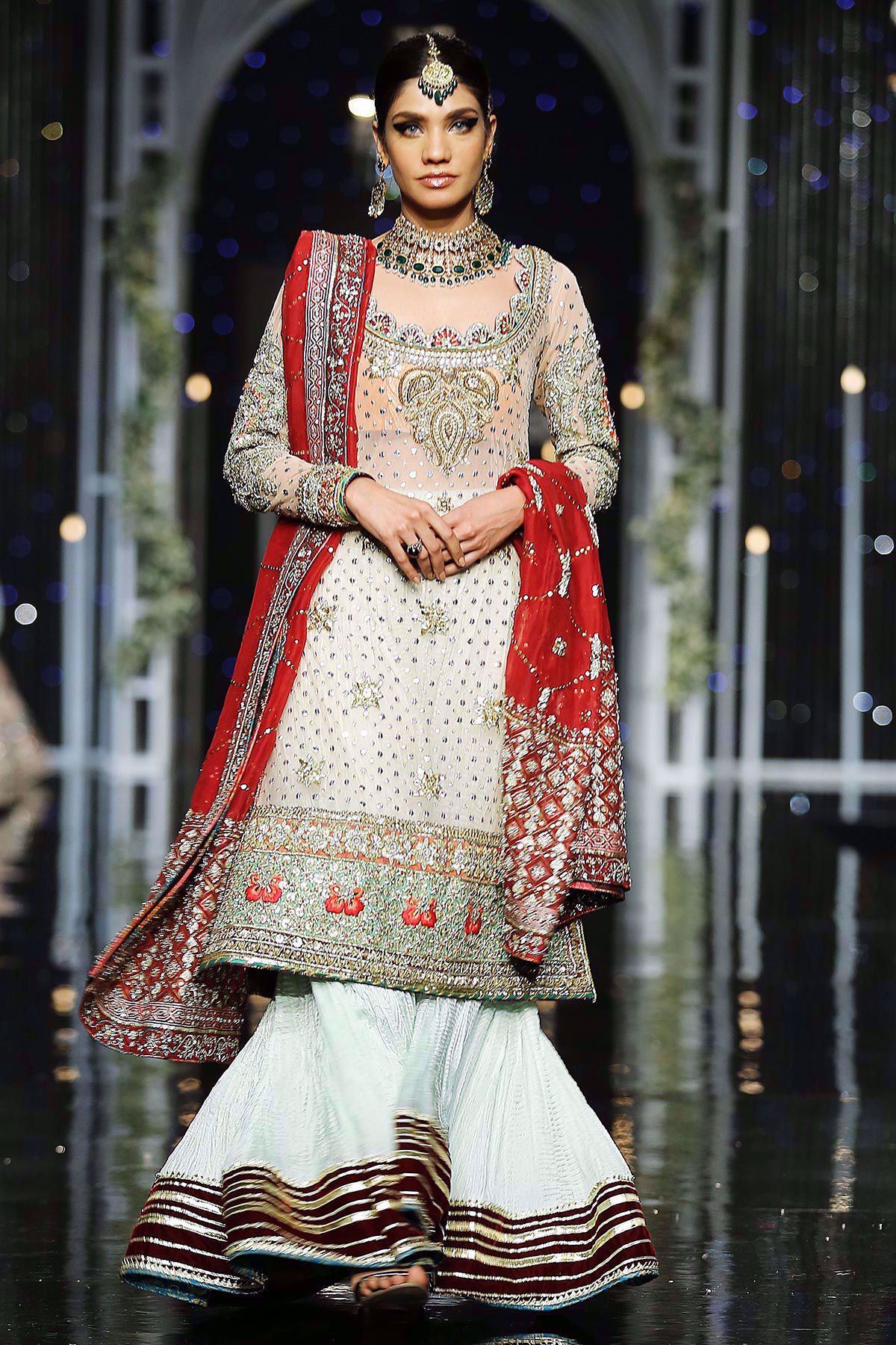 Mint Green Embroidered Silk-Blend Gharara (3-Piece) - Image 1