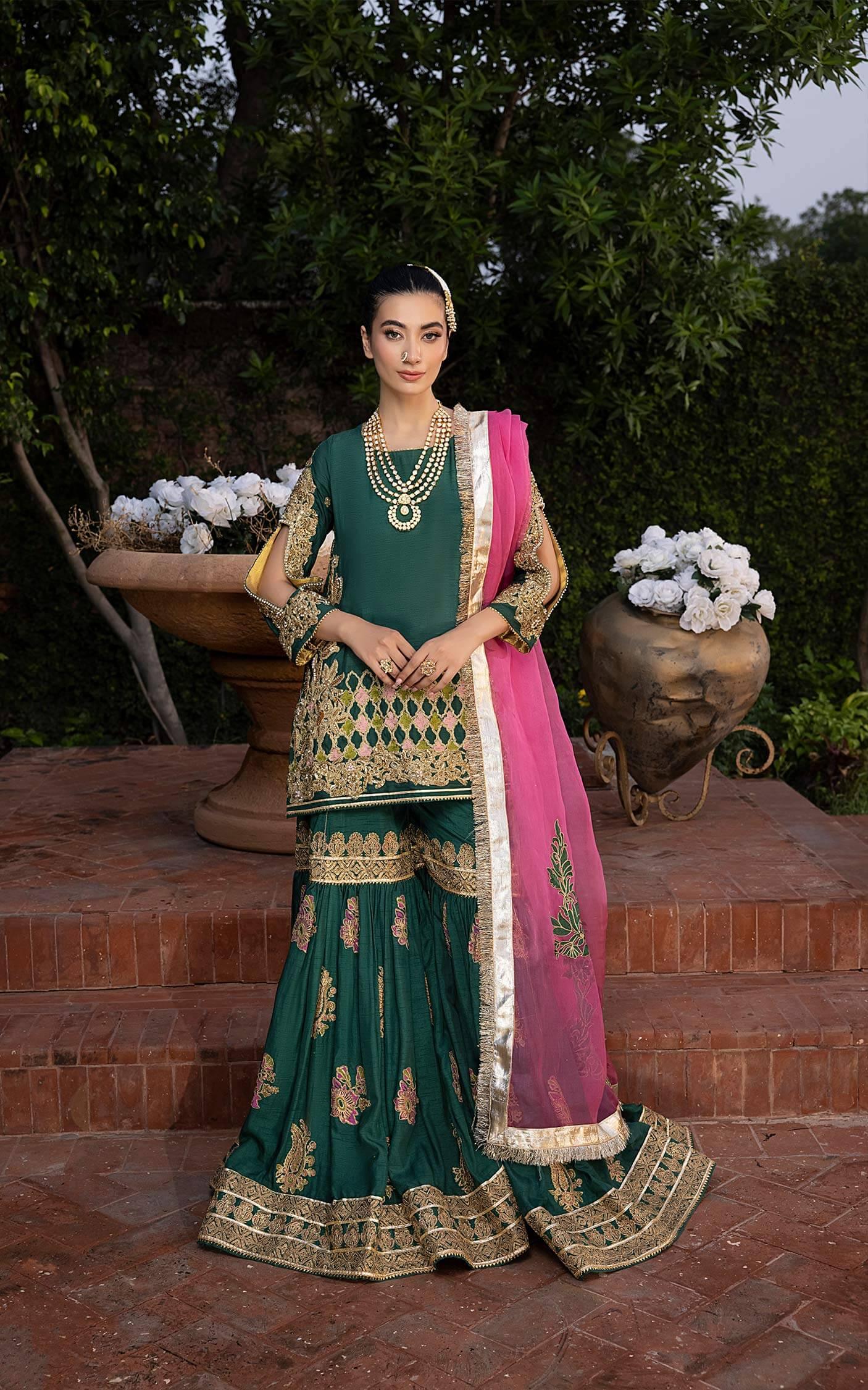 Emerald Green Embroidered Silk-Blend Peplum Gharara (3-Piece) - Image 1