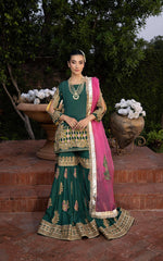 Emerald Green Embroidered Silk-Blend Peplum Gharara (3-Piece) - Image 2