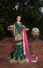 Emerald Green Embroidered Silk-Blend Peplum Gharara (3-Piece) - Image 3