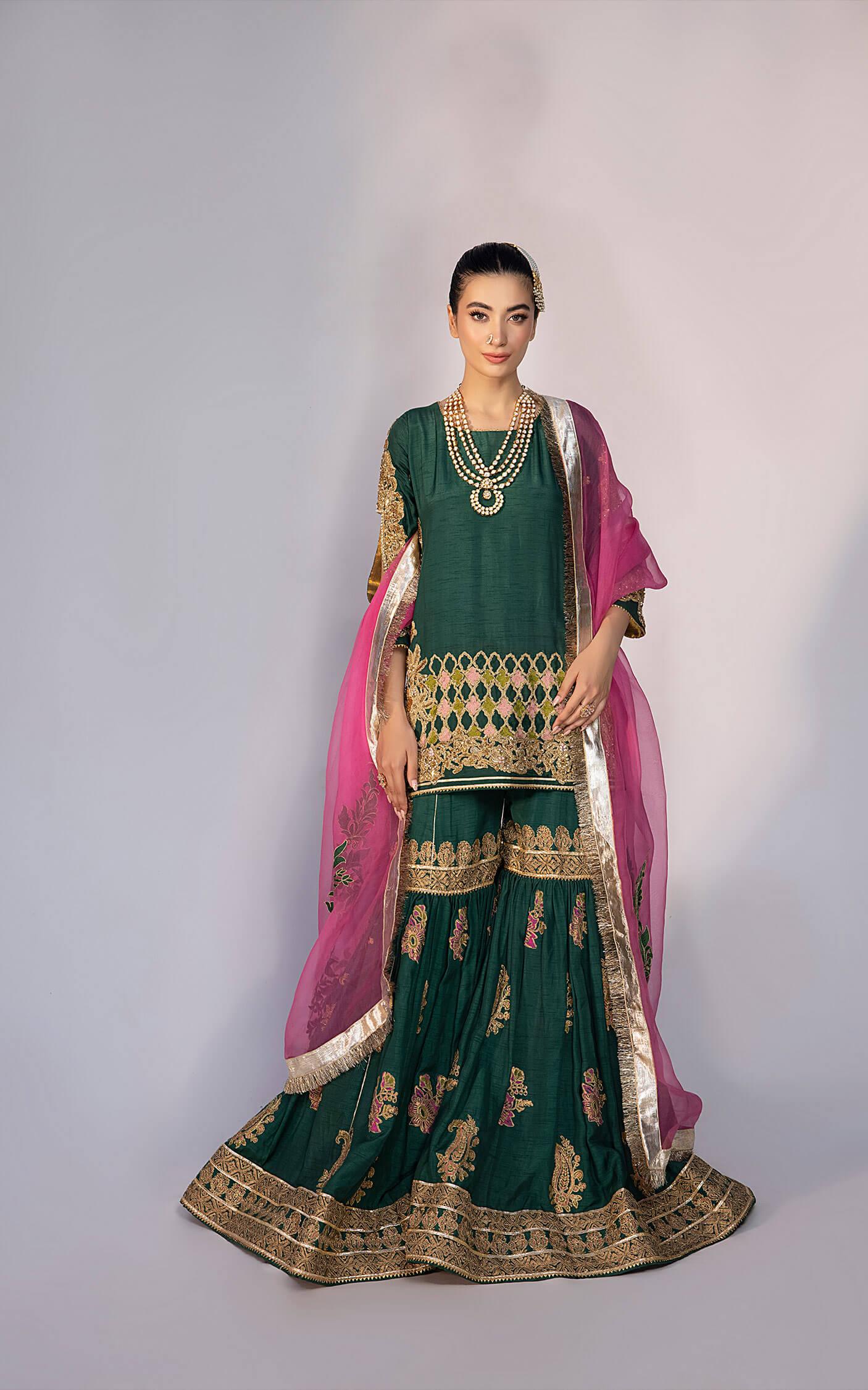 Emerald Green Embroidered Silk-Blend Peplum Gharara (3-Piece) - Image 7