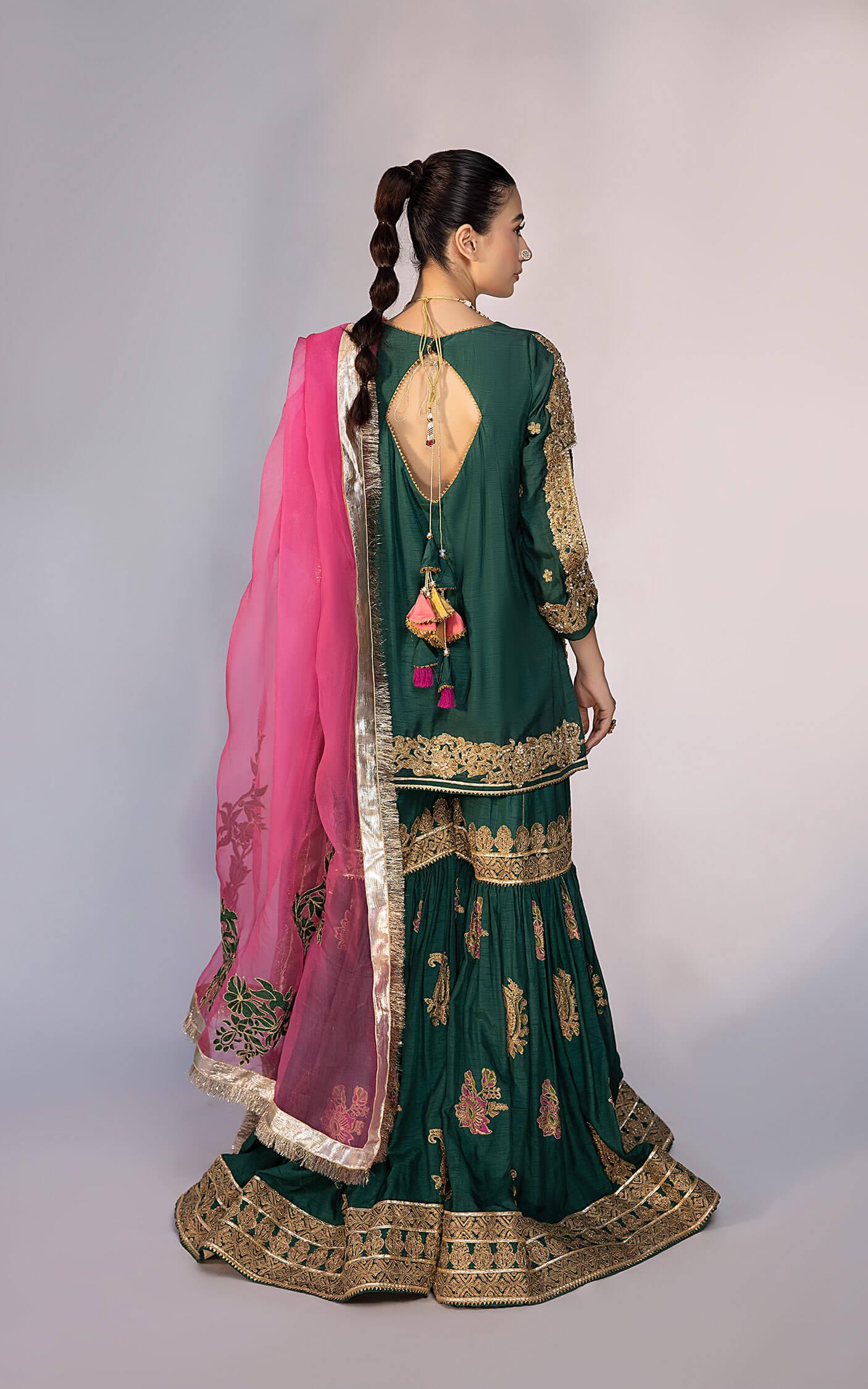 Emerald Green Embroidered Silk-Blend Peplum Gharara (3-Piece) - Image 8
