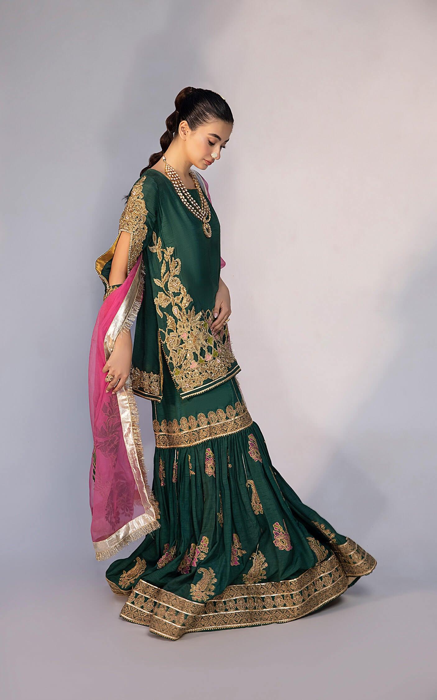 Emerald Green Embroidered Silk-Blend Peplum Gharara (3-Piece) - Image 9