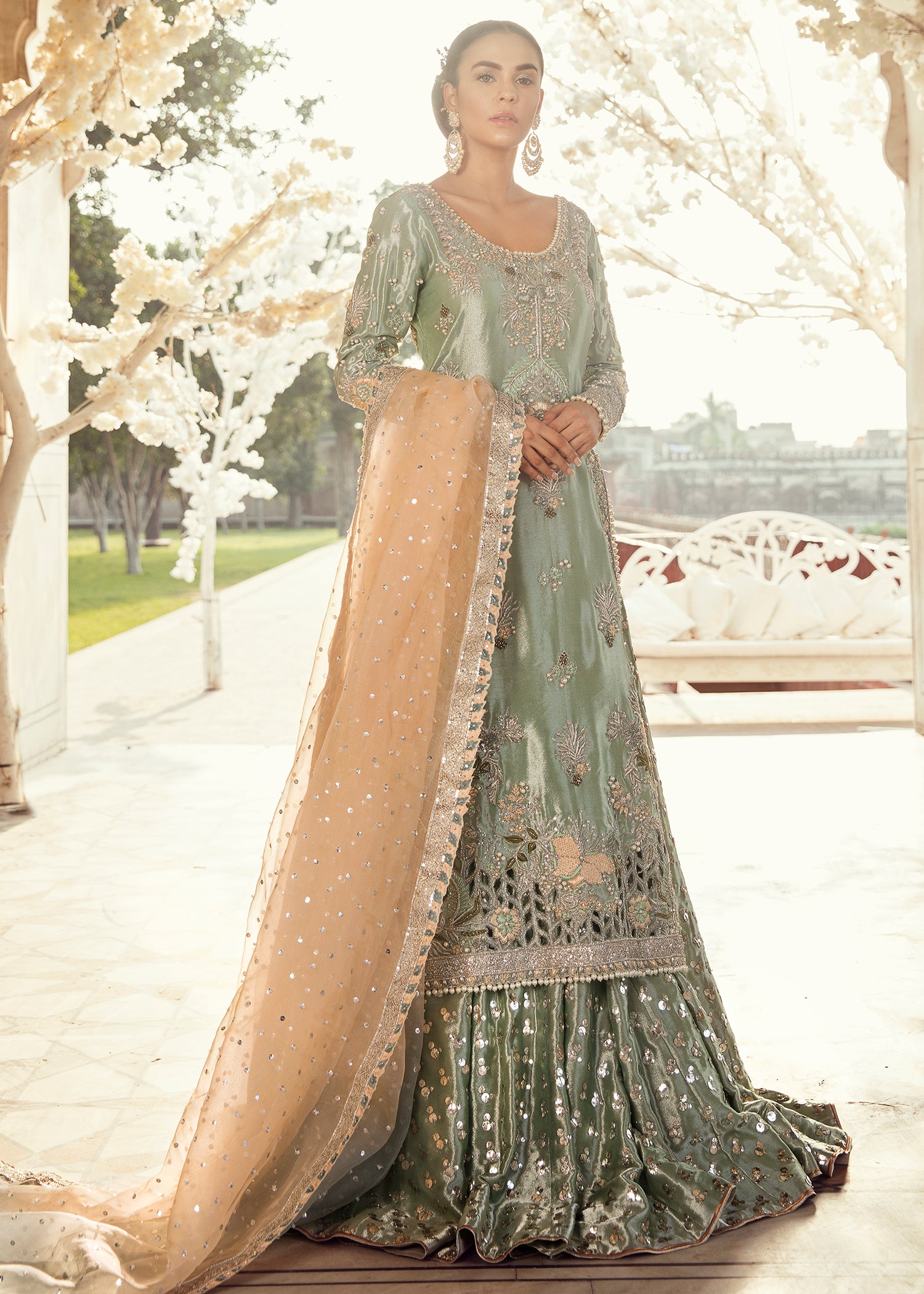 Sage Green Hand-Embellished Silk-Blend Gharara Set (3-Piece) - Image 1