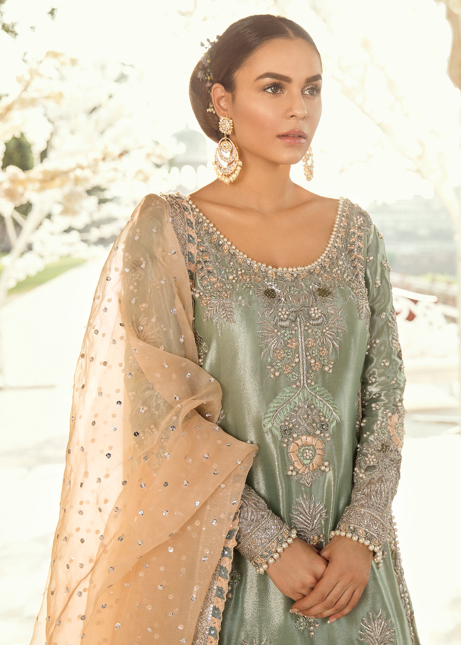 Sage Green Hand-Embellished Silk-Blend Gharara Set (3-Piece) - Image 3