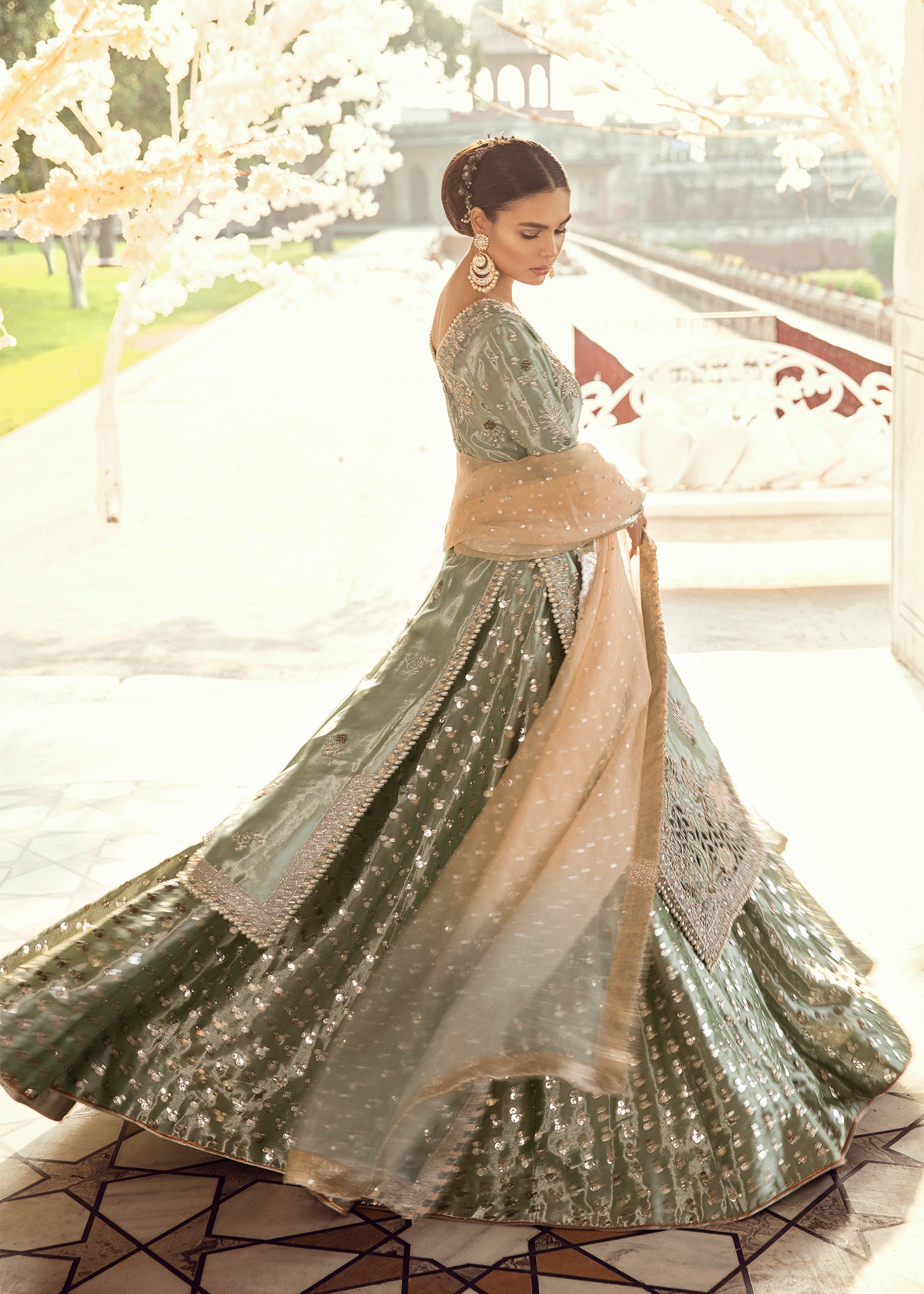 Sage Green Hand-Embellished Silk-Blend Gharara Set (3-Piece) - Image 4