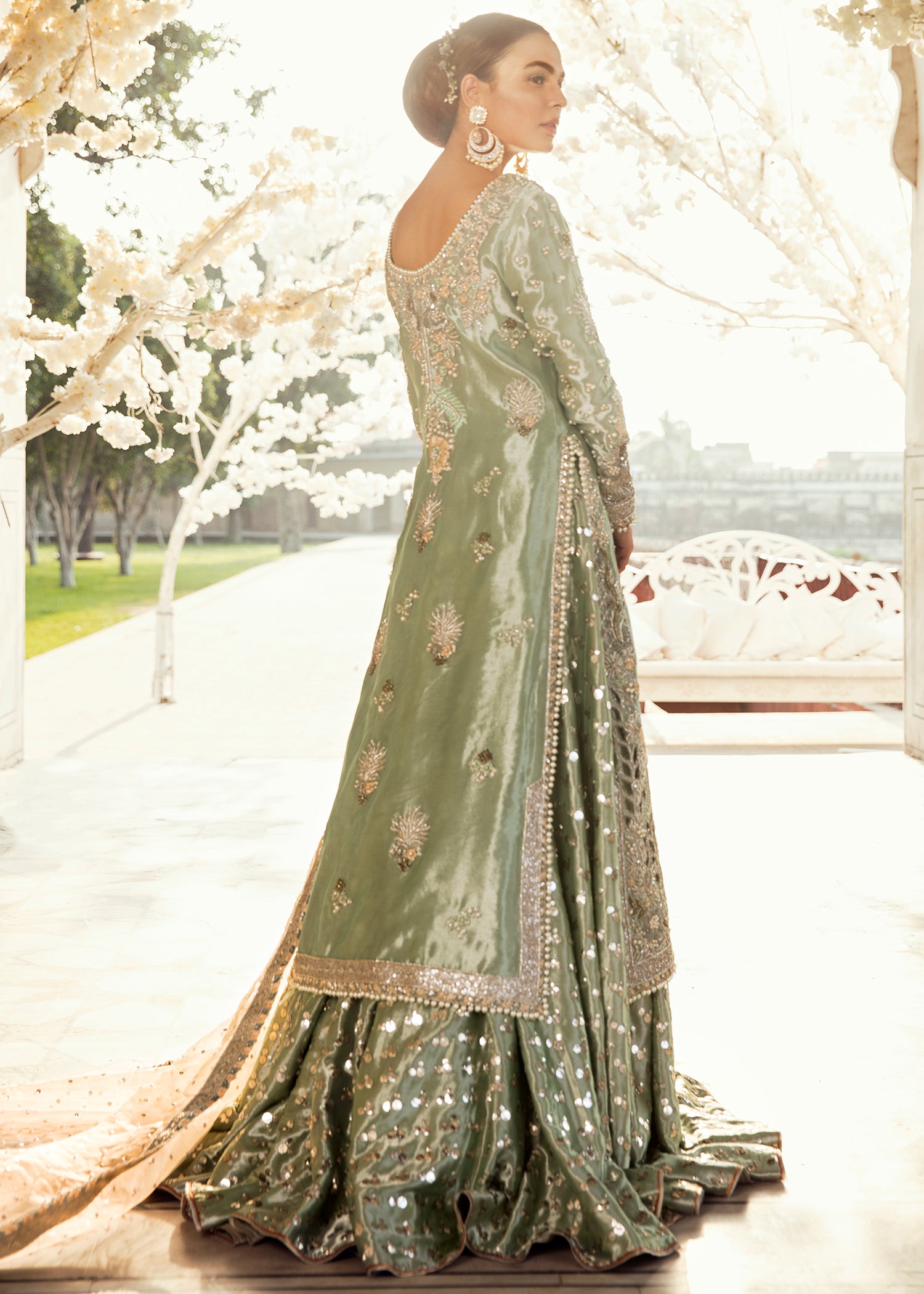 Sage Green Hand-Embellished Silk-Blend Gharara Set (3-Piece) - Image 2