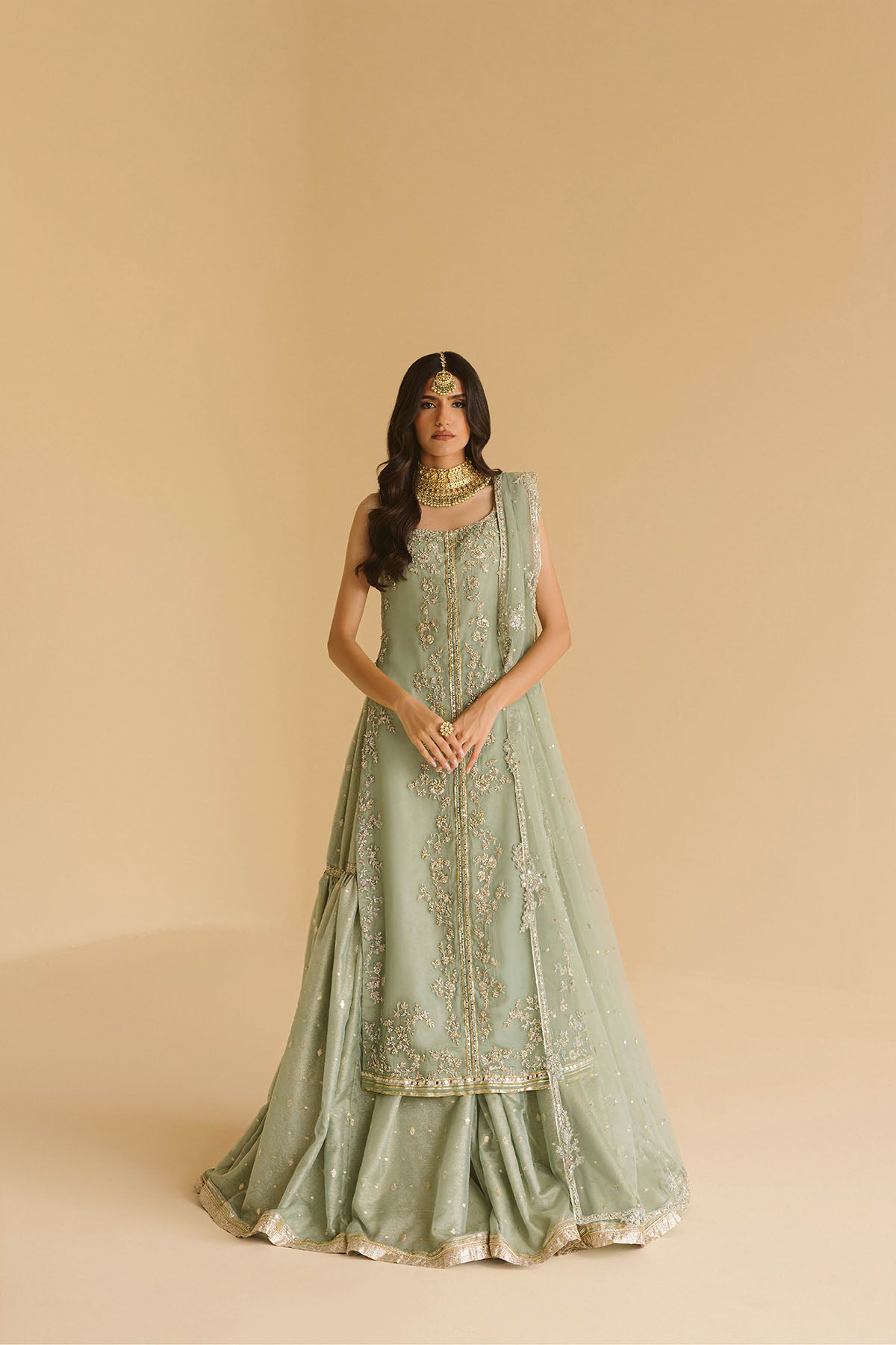 Pakistani Sea Foam Green Embroidered Silk Chiffon Gharara (3-Piece) - Image 1