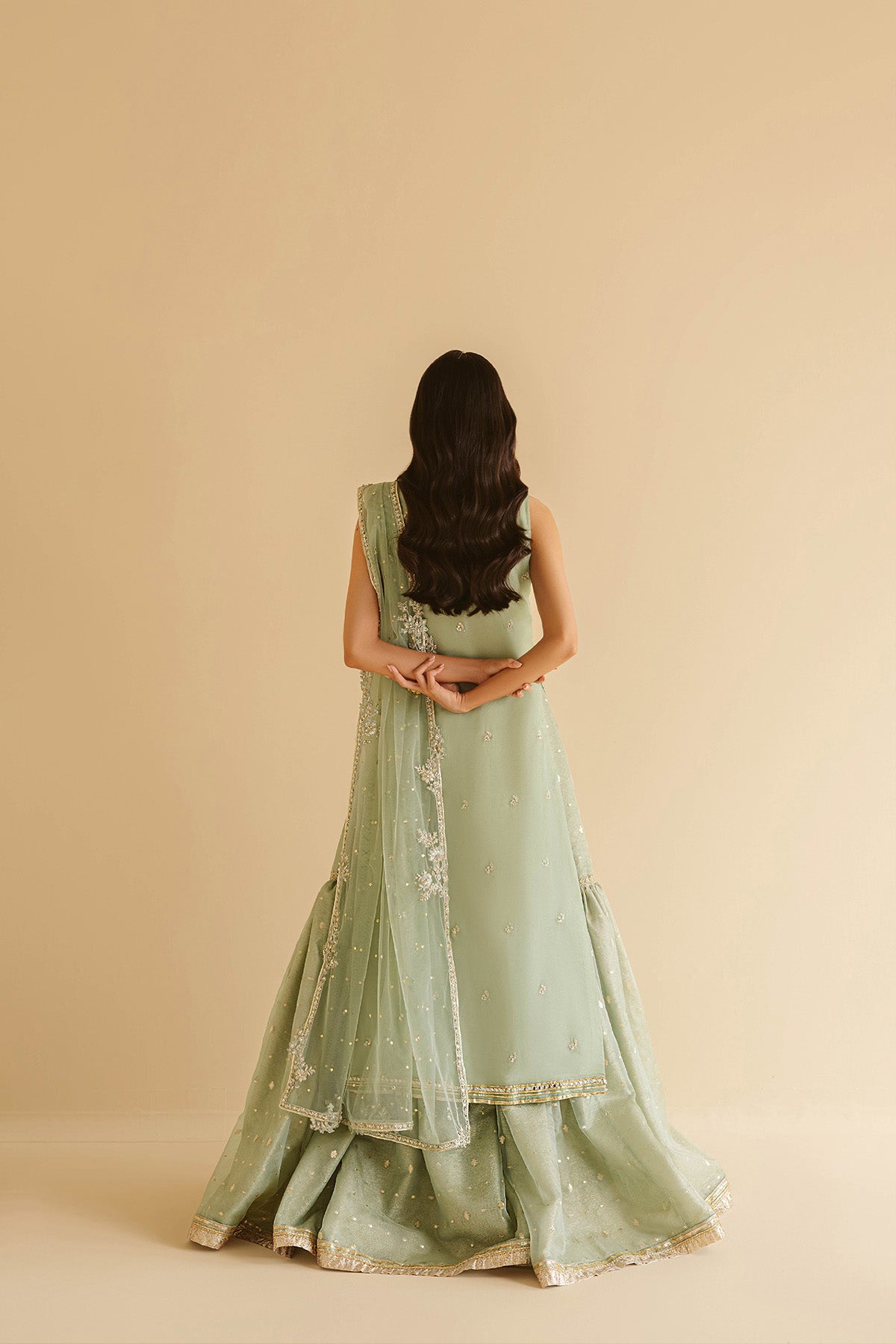 Pakistani Sea Foam Green Embroidered Silk Chiffon Gharara (3-Piece) - Image 2