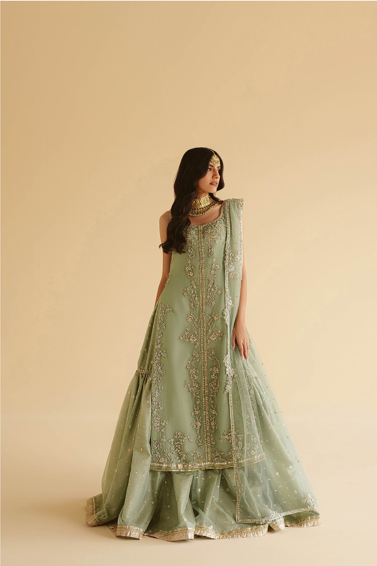 Pakistani Sea Foam Green Embroidered Silk Chiffon Gharara (3-Piece) - Image 3