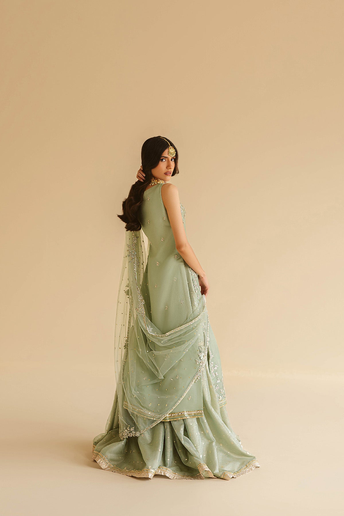 Pakistani Sea Foam Green Embroidered Silk Chiffon Gharara (3-Piece) - Image 4