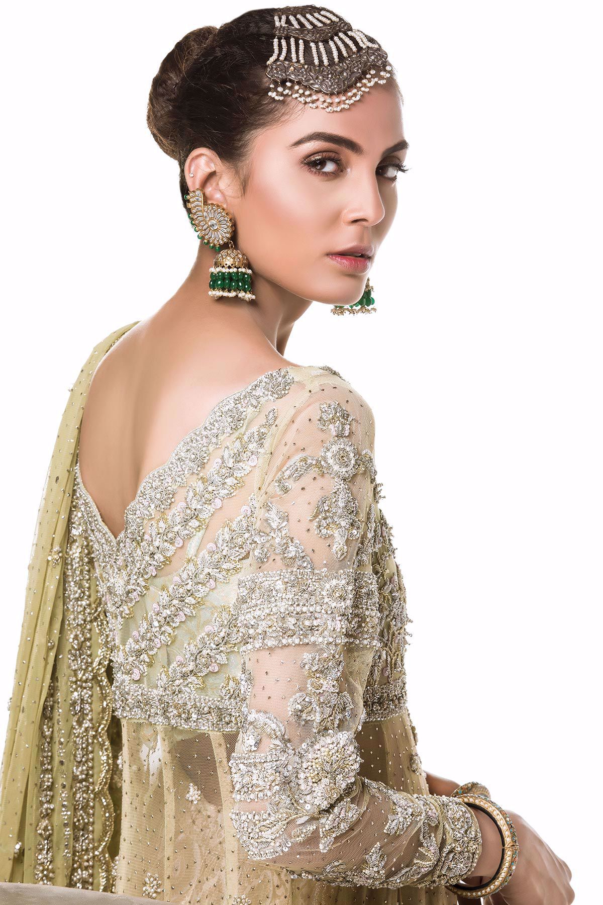 Pakistani Mint Green Embroidered Net Bridal Gharara (3-Piece) - Image 6