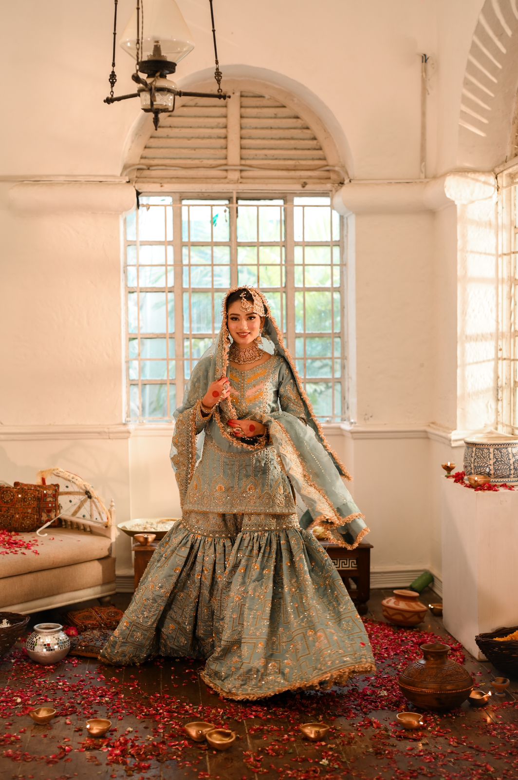 Pakistani Sea Sage Embroidered Silk Gharara (3-Piece) - Image 1