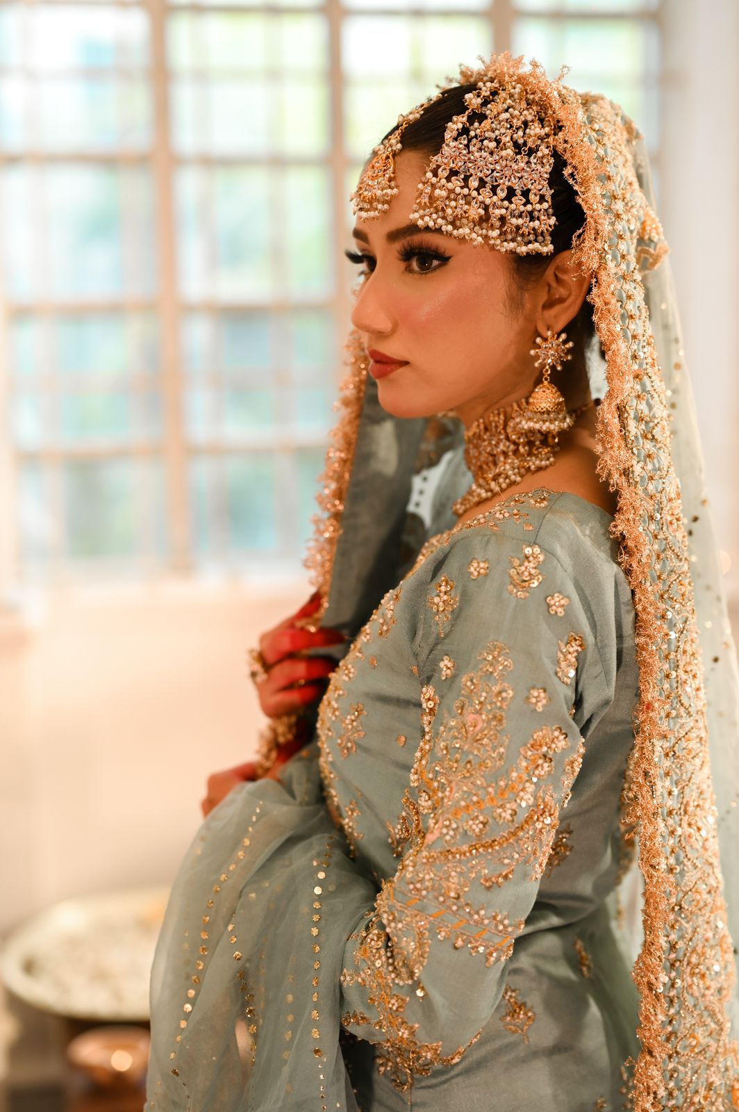 Pakistani Sea Sage Embroidered Silk Gharara (3-Piece) - Image 2