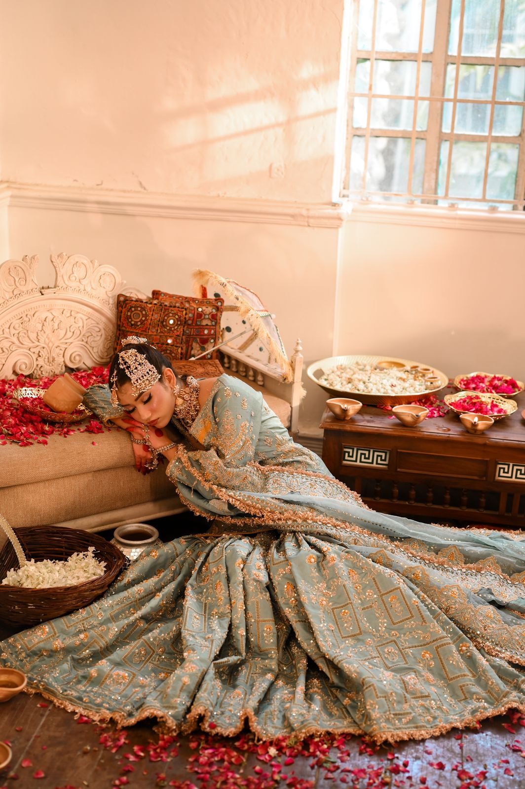 Pakistani Sea Sage Embroidered Silk Gharara (3-Piece) - Image 3