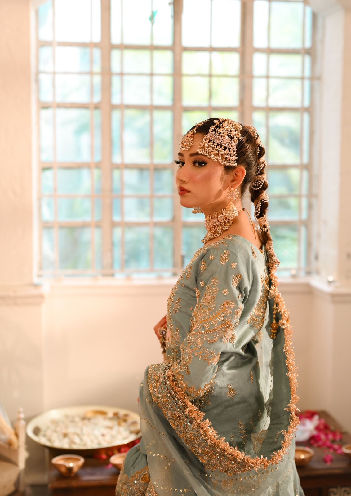 Pakistani Sea Sage Embroidered Silk Gharara (3-Piece) - Image 5