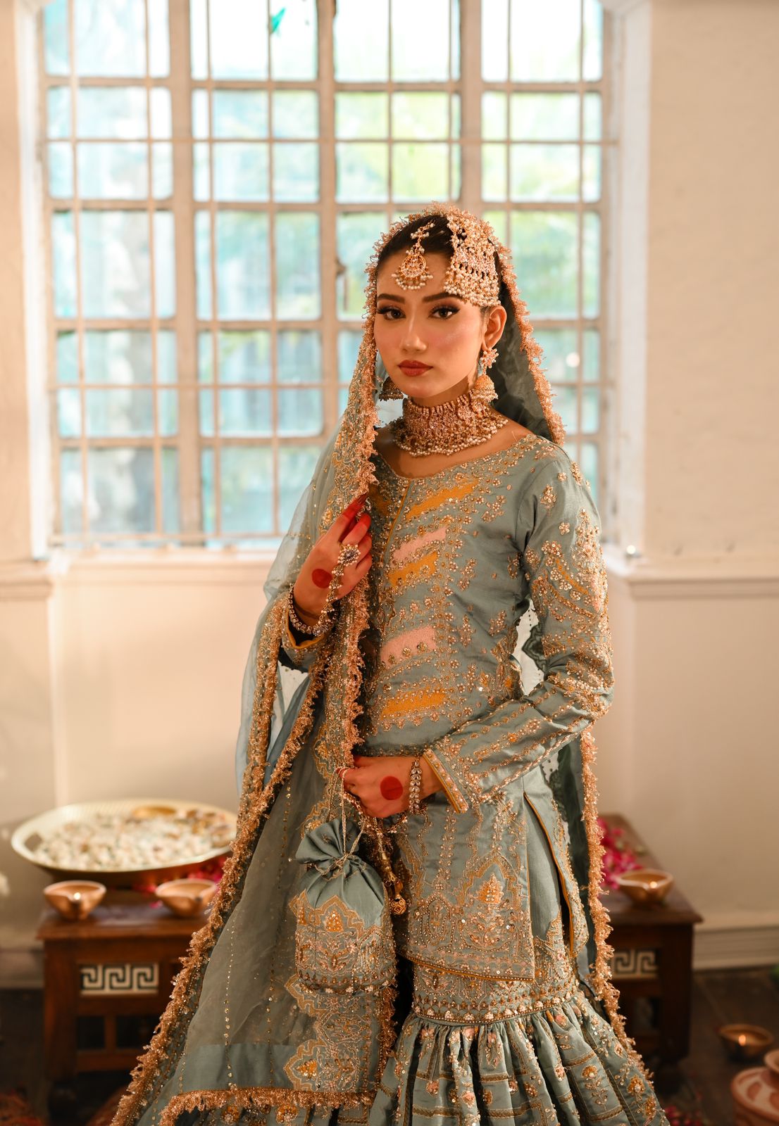 Pakistani Sea Sage Embroidered Silk Gharara (3-Piece) - Image 6