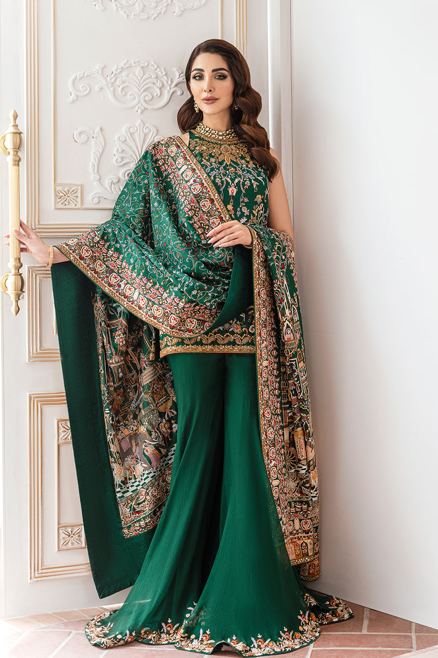Emerald Green Hand Embroidered Silk Jamawar Gharara (3-Piece) - Image 1