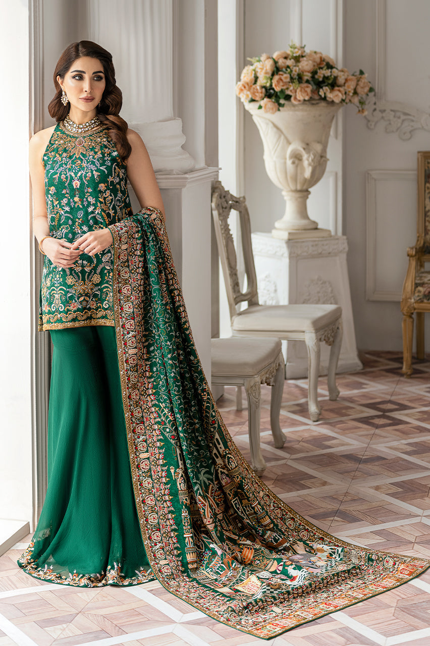 Emerald Green Hand Embroidered Silk Jamawar Gharara (3-Piece) - Image 2