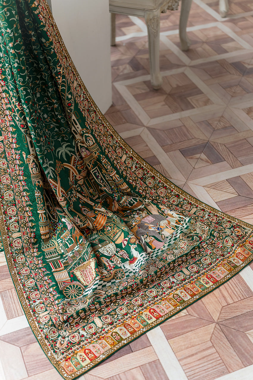 Emerald Green Hand Embroidered Silk Jamawar Gharara (3-Piece) - Image 3