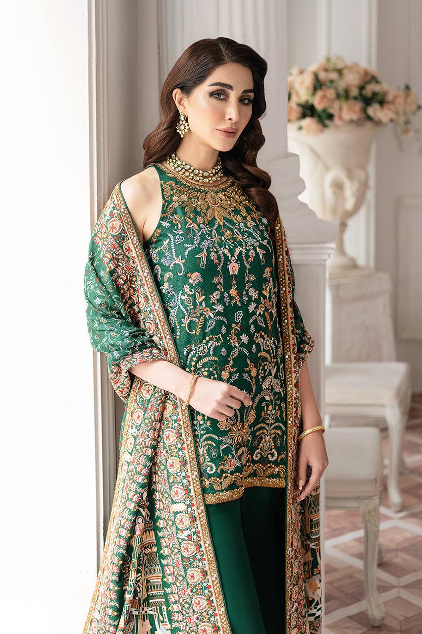 Emerald Green Hand Embroidered Silk Jamawar Gharara (3-Piece) - Image 5