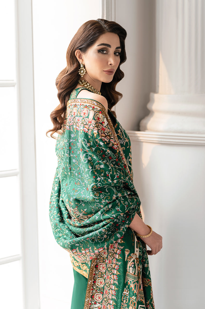 Emerald Green Hand Embroidered Silk Jamawar Gharara (3-Piece) - Image 6