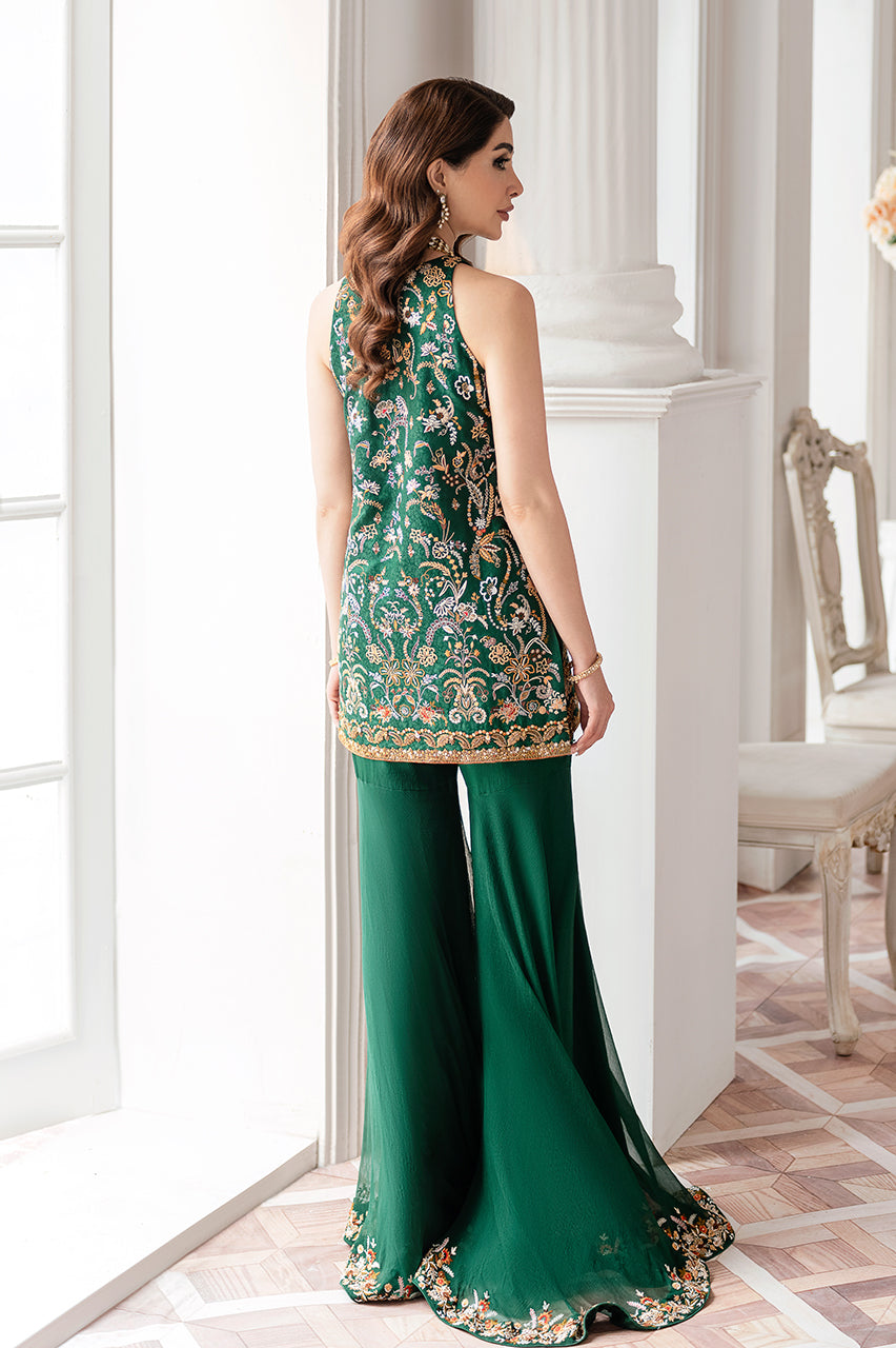 Emerald Green Hand Embroidered Silk Jamawar Gharara (3-Piece) - Image 7